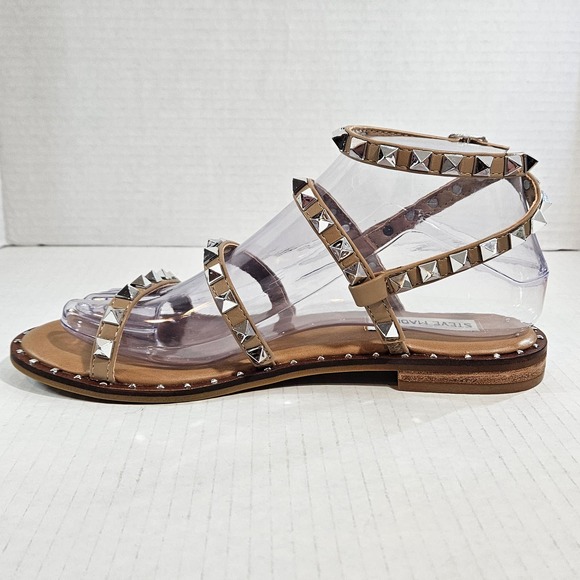 Steve Madden Beige‎ Travel Pyramid Studded Strappy Flat Sandal Size 6.5 - Picture 1 of 11